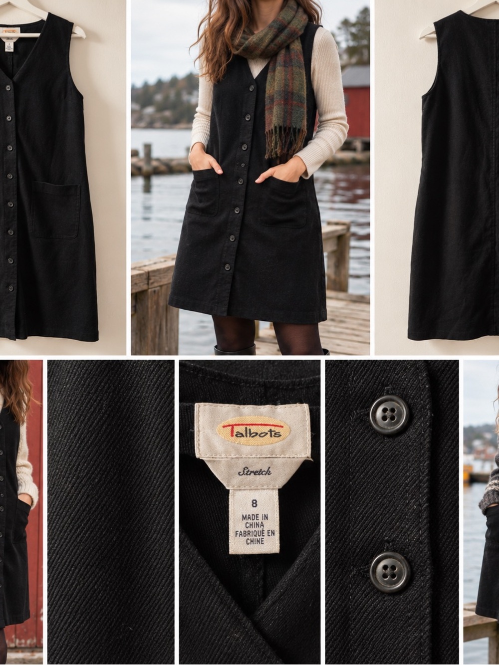Talbots Black Button Front Jumper Dress Size 8